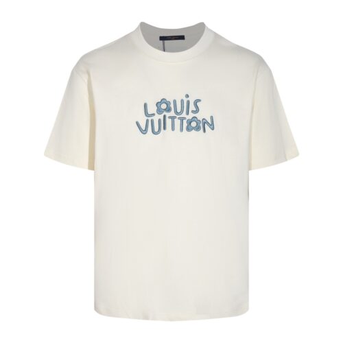 LV White T-shirt Blue Floral Logo